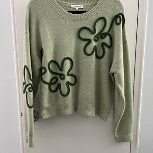Hooked Up by IOT Sage Green Crewneck Sweater with Dark Green Floral Appliqués